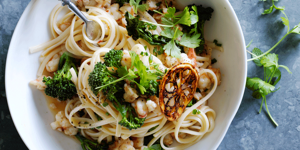 Broccolini & Prawn Pasta with Pan-fried Lemons Recipe